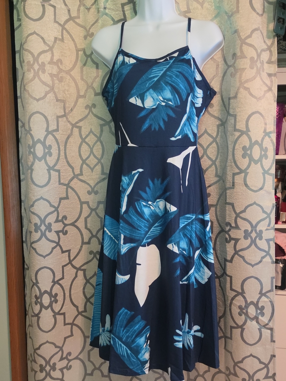 NWT Navy Blue Tropical Midi Dress with Spaghetti Straps